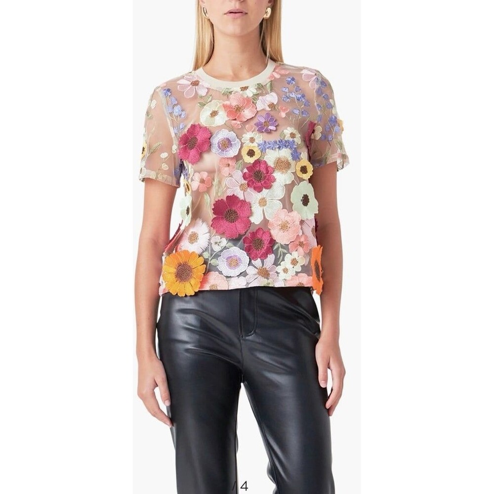 Endless Rose Floral EEndless Rose Floral Embroidered Sheer Mesh Tulle Top Blouse - Picture 5 of 8
